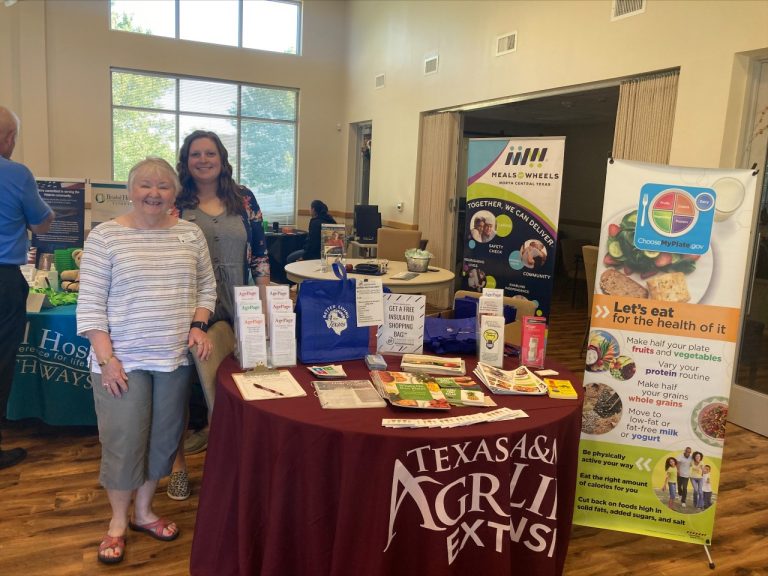 Master wellness volunteer Donna Green, left, and Danae Hicks, family and community health agent for the extension service, work a booth at a health fair.. Courtesy of Texas A&M AgriLife Extension