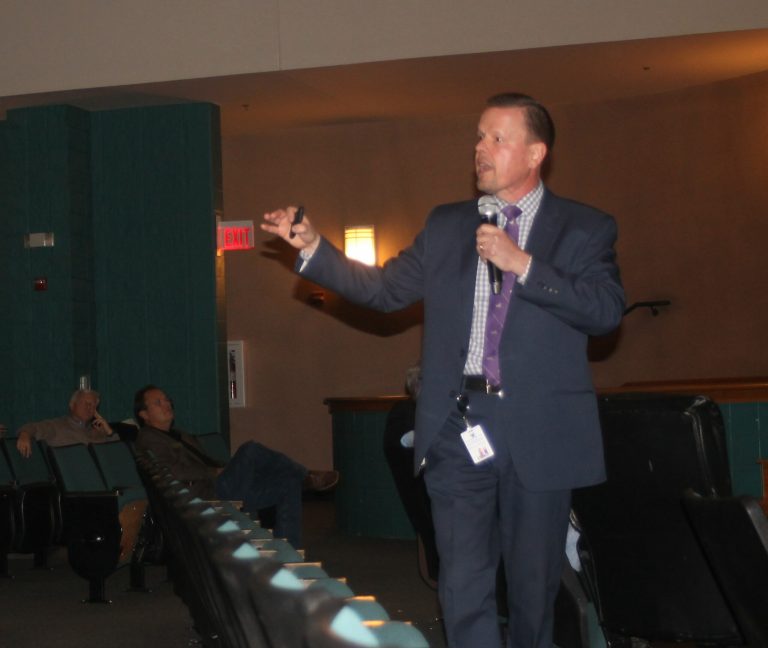 WISD Superintendent Jerry Hollingsworth talks to an audience at Coleman Junior High on Wednesday about future growth in the district and the plans for new facilities. Chris Roark/staff photo