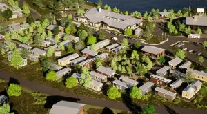 Pictured is a rendering of what the OurCommunity is expected to look like. It will include several neighborhoods with 25 tiny homes apiece, as well as a service building. (Courtesy of OurCalling)