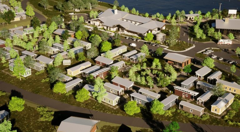 Pictured is a rendering of what the OurCommunity is expected to look like. It will include several neighborhoods with 25 tiny homes apiece, as well as a service building. (Courtesy of OurCalling)
