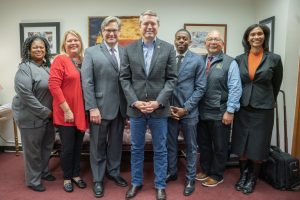 Pictured are, from left, Alissa Russell, LSOCS teacher and parent; Loralei Hoggard, LRSO teacher; Brent Wilson, LS superintendent; Rep. Brian Harrison; Randall Mays, LS board member; Ruben Martinez, LS board member; and Lyn Hamilton, LSRO/LMSW parent (Courtesy of Life School)